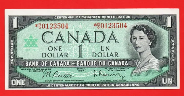 1967  CANADA CENTENNIAL *ASTRISK REPLACEMENT ONE DOLLAR BILL {off-cut bottom}
