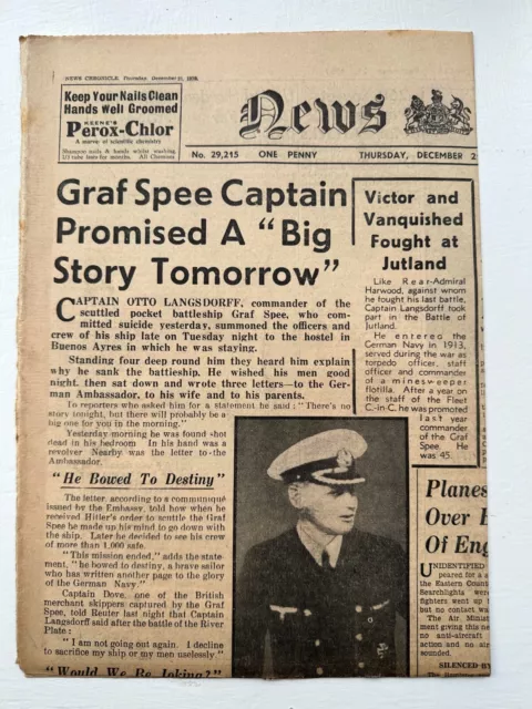 Ww2 News Chronicle 21St December 1939 Graf Spee Captain Headlines, Original