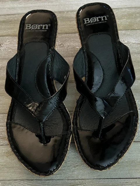 Womens Born Black Patent Leather Cork Wedge Sandal Shoe #W31148 US 8