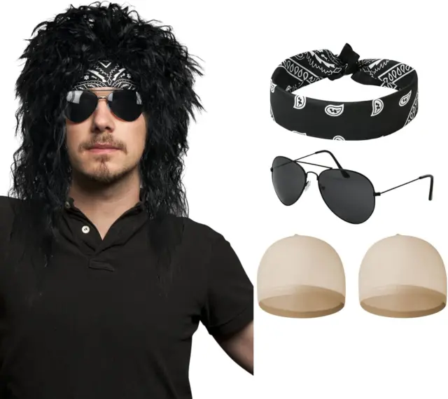 Aomig Rock Star Wig Set, 5pcs Mullet Fancy Dress Curly Wig 70s 80s Costume Acce