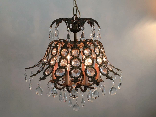 ANTIQUE VTG MOROCCAN BRASS w FRENCH & CZECH CRYSTALS UMBRELLA CHANDELIER LAMP