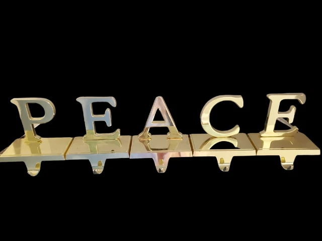 Christmas fireplace 5pc "PEACE" Stocking Holder hanger  Set Brass