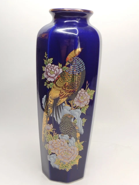 Cobalt Blue Exotic Pheasant Birds Vase Hand Decorated - Made In Japan