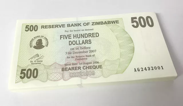 Zimbabwe 500 Dollars Bearer Cheque 2006 P 43 UNC Lot 100 PCS 1 Bundle