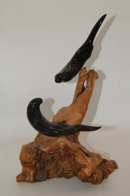 Vtg John Perry Studio Double Otters On Burl Wood Art Sculpture