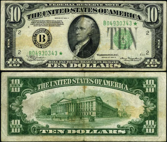 FR. 2006 D* $10 1934-A Federal Reserve Note Non-Mule New York B-* Block VF Star
