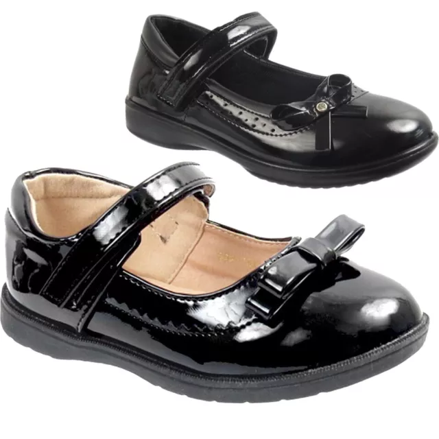 NEW Girls Mary Jane Black Touch Strap Kids School Formal SHiny Bow Dress Shoes