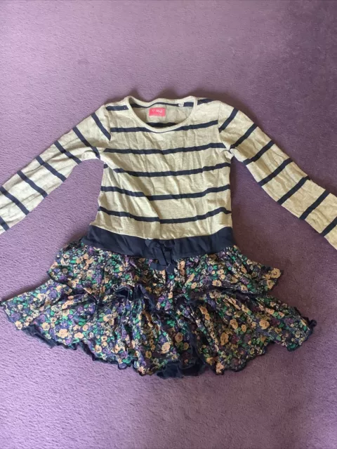 Girls Next Dress Age 6 Years Navy Blue Grey Striped Flowery Long Sleeved