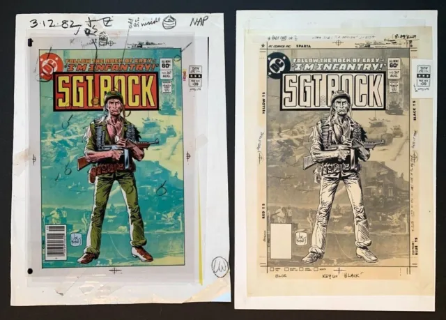 JOE KUBERT Production art pieces, cover to SGT. ROCK #367, 4 color separations