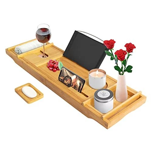 Plateau Baignoire Et Lit En Bambou SereneLife - Réglable, Étanche, Avec Porte-Verre Et Porte-Savon