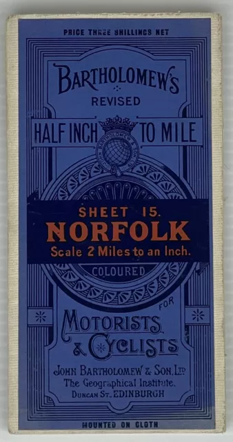 c1930s NORFOLK~Bartholomew's~2 Miles to inch~Motorists & Cyclist Road Map