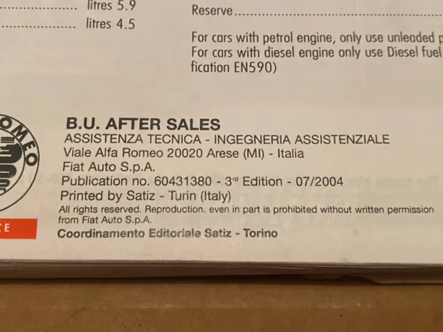 Alfa Romeo GT 937 Owners Manual Handbook 3rd Edition 07/2004 2