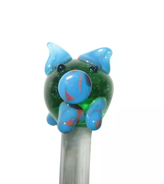 Pig Glass Swizzle Stick Green and Blue Piggy Curly Tail 8 1/2" Long