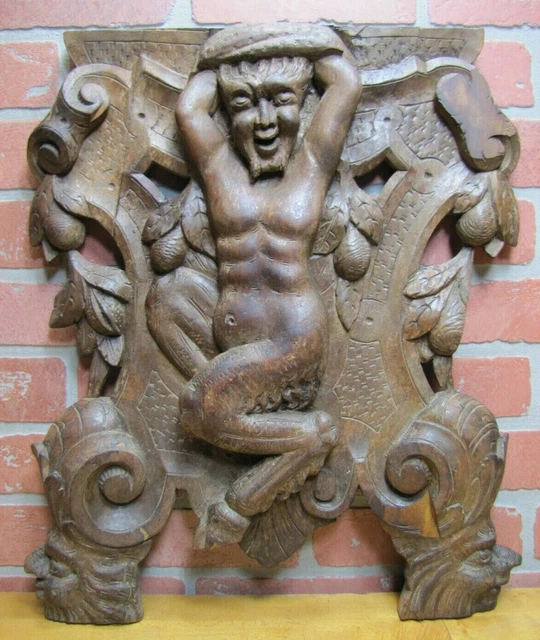 Antique Wood Carved Faun Beast Devil Monster Archictural Hardware Element