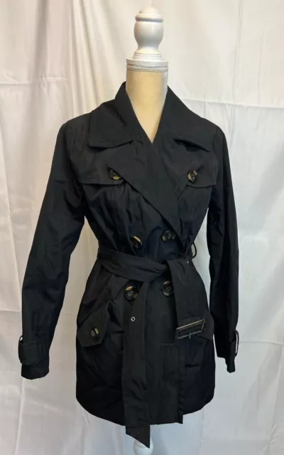 Relativity Women’s Trench Coat Black Long Rain Jacket Midi Belted Sz S Gr8 Cond.