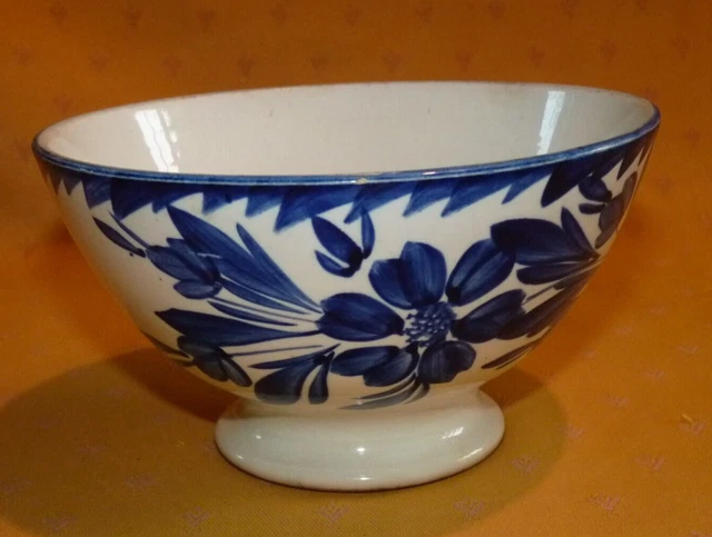 Ancien Bol En Céramique Française - Fleurs Stylisées Bleues - état Vintage