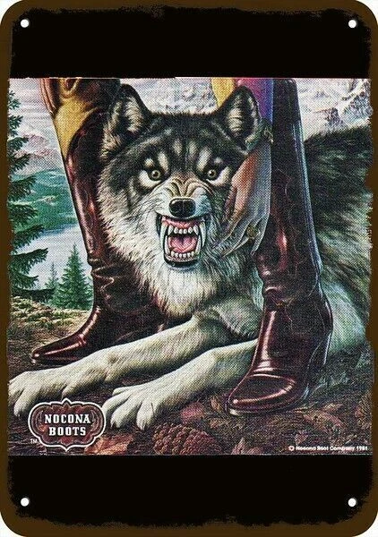 1981 NOCONA COWBOY BOOTS Cowgirl Wolf Vintage Look DECORATIVE REPLICA METAL SIGN