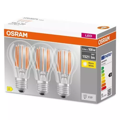 Lot de 3 ampoules filament LED E27 11W (=100W) 2700K 1521lm Osram