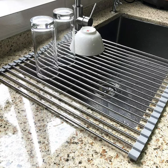 XL Dish Rack Drying Drainer Over Sink Stainless Steel Folding Roll Up Kitchen 3