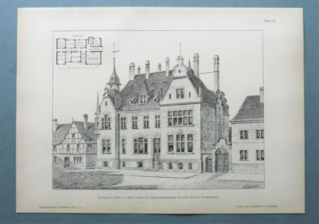 AR93) Architektur Zelle a Mosel 1893 Kreishaus Straße Gebäude Holzstich 28x39cm