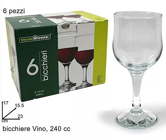 Set 6 Pezzi Calici Bicchieri Vetro 240cc 8 1/4 oz Welkhome Nevakar Vino dfh