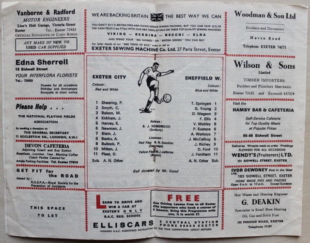 EXETER CITY V Sheffield Wednesday. Sept 1968 FL Cup 2nd Round £2.50