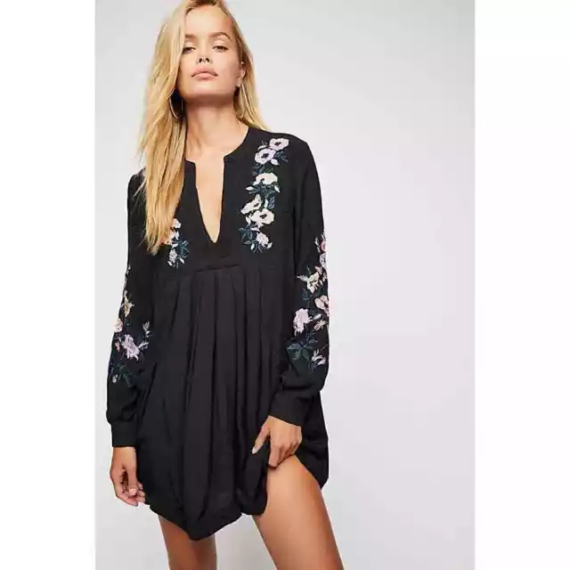 Free People Mia Floral Embroidered Mini Dress Black L