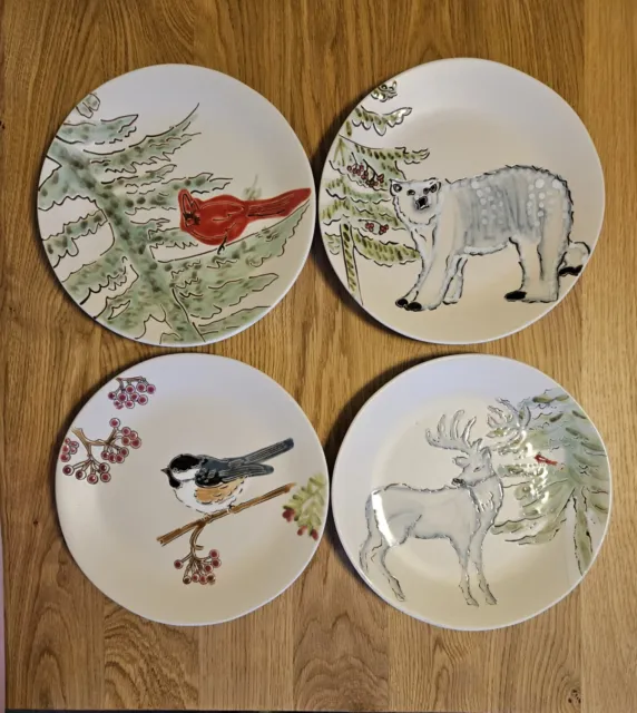 Pottery Barn Bird Small Dinner Plates Salad Plates Glazed Set of 4 Used READ