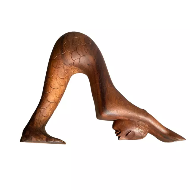 Yoga Pose Mermaid Statue Downward Facing dog wood carving Asana Balinese Art