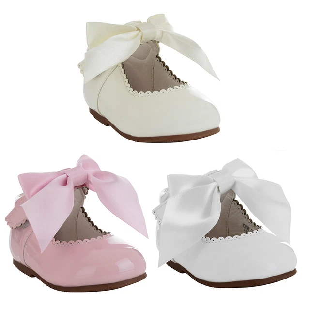 Baby Toddler Girls Spanish Bow Shoes Patent White Pink Party Wedding Flower Girl