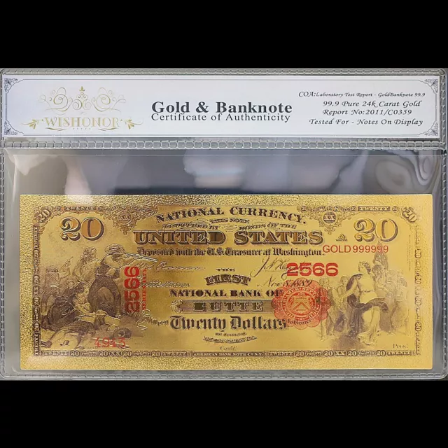 Gold 1875 $20 Twenty Dollars Banknote Collectible with Bag & Certificate