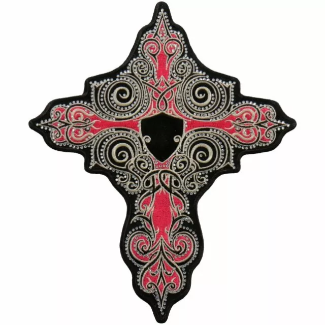 PINK STONE CROSS - Sew Iron on, Embroidered Original Artwork, Patch - 8" X 9"