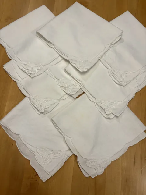 Vintage Hankerchief Napkin Set of 8 Lace Detail Solid White Retro Sustainable