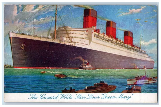 1936 Cunard White Star Liner Queen Mary Steamer Cruise Ship New York NY Postcard