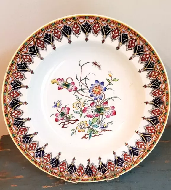 Antique Ashworth English Staffordshire Aesthetic Soup Plate Red Blue  Florals