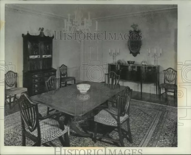 1956 Press Photo Dining room full of antique furniture in the Stanley Stone home