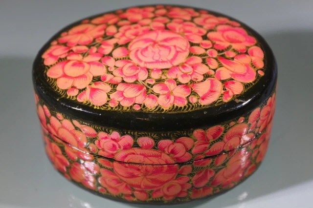 Kashmiri Hand Painted Lacquered Papier Mache Round Trinket Box India