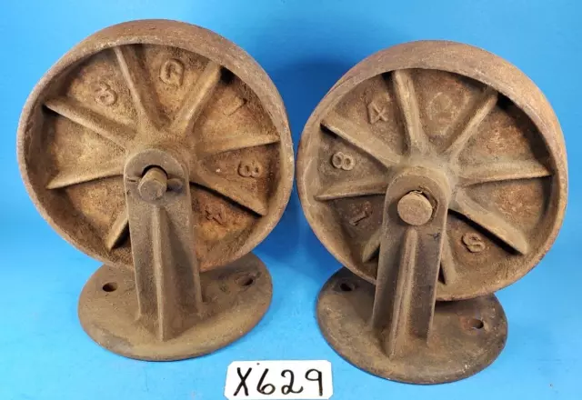 Caster Wheels Steampunk Industrial Large Cast Iron Pair 6.75" Wheel Antique
