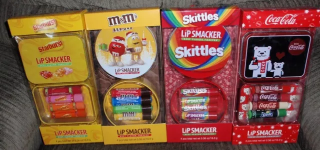 Lip Smacker 4 Pc Lip Balms Tin ~ M&M's, Starburst, Skittles, Coca Cola U Choose