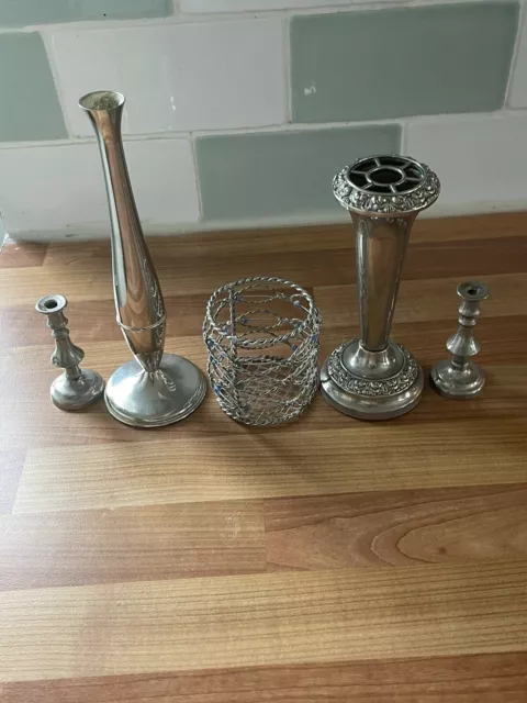 X 5 Vintage /Lanthe/England Silver Plated/ Rose Bowl/vase/candlesticks/