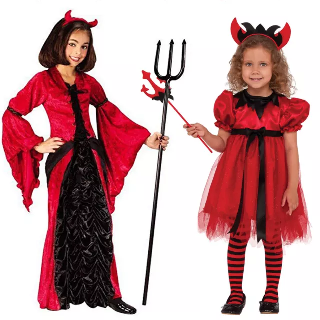 Girls Devil Fancy Dress Scary Halloween Child Witch Demon Kids Vampire Costume