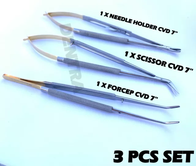 Dental Implant Castroviejo Needle Holder Scissor & Forcep Micro Surgery 3 Pc Set