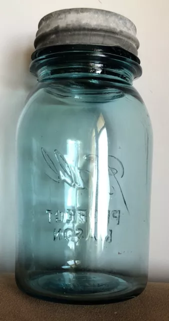 Ball Jar Perfect Mason Quart Jar #9 Vintage Aqua Blue With Zinc Lid Vintage