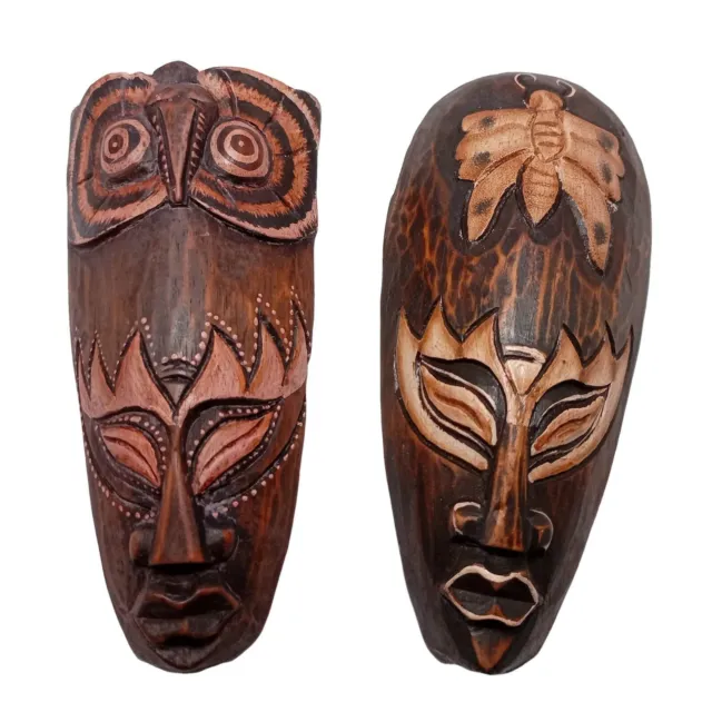 African Wood Mask Tribal Owl Butterfly Carved Wall Hanging Folk Art Set 8 inch