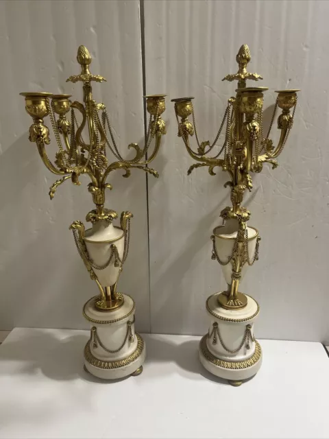 Antique Eagle Bird French Louis XVI Style Gilt Bronze Marble Pair Of Candelabra