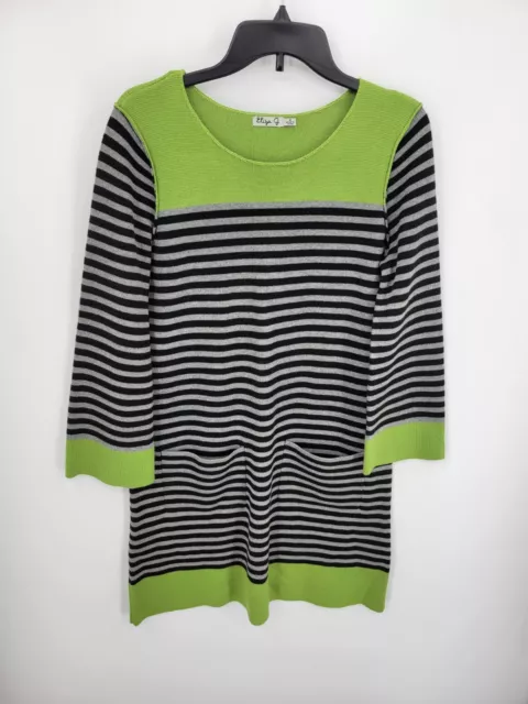 Eliza J Sweater Dress Womens Medium Black Gray Green Stripe Pockets Tunic