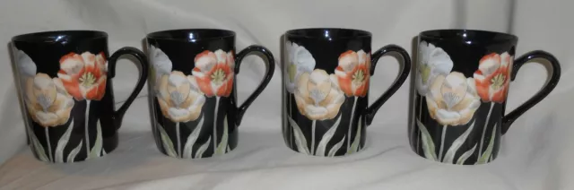 Set Of 4 Fitz And Floyd Midnight Poppy Black Coffee Tea Mugs Cups Flowers