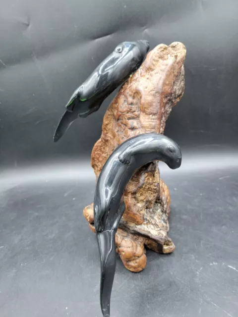 John Perry Studio Double Otters Ebonite On Burl Wood Art Sculpture Figurine