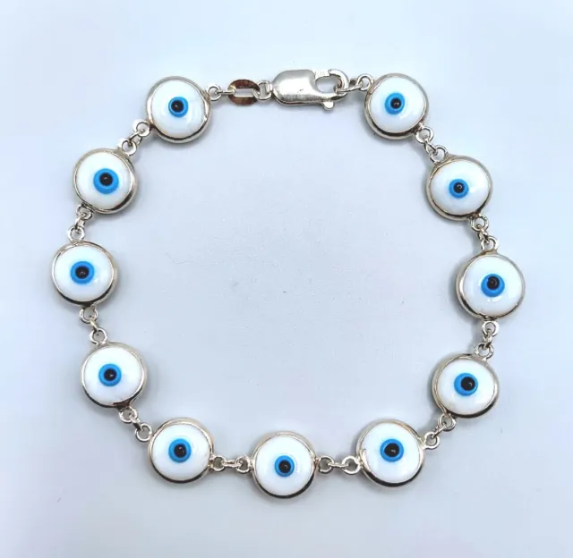 Sterling Silver Turkish White Blue Evil Eye 8" Bracelet Curse Protection Nazar