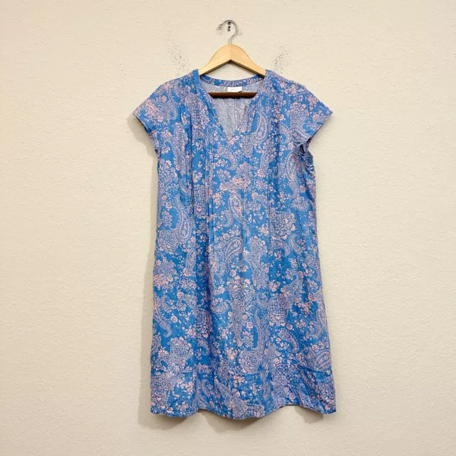 J. JILL Love Linen Floral Print Pintucked Shift Dress in Blue/Pink Sz M W7951